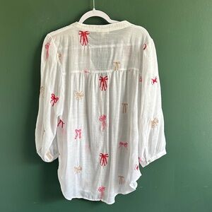 White Button-Down Gauze Shirt with Pink & Red Embroidered Bows Fig + Flower